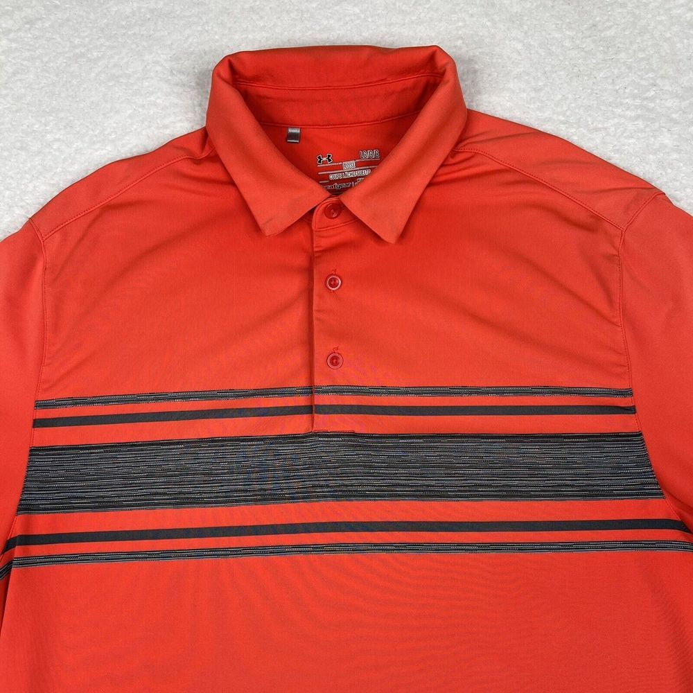 Under Armour Shirt Mens Large Red Orange Striped Polo Heatgear Short Sleeve Golf - Picture 2 of 14